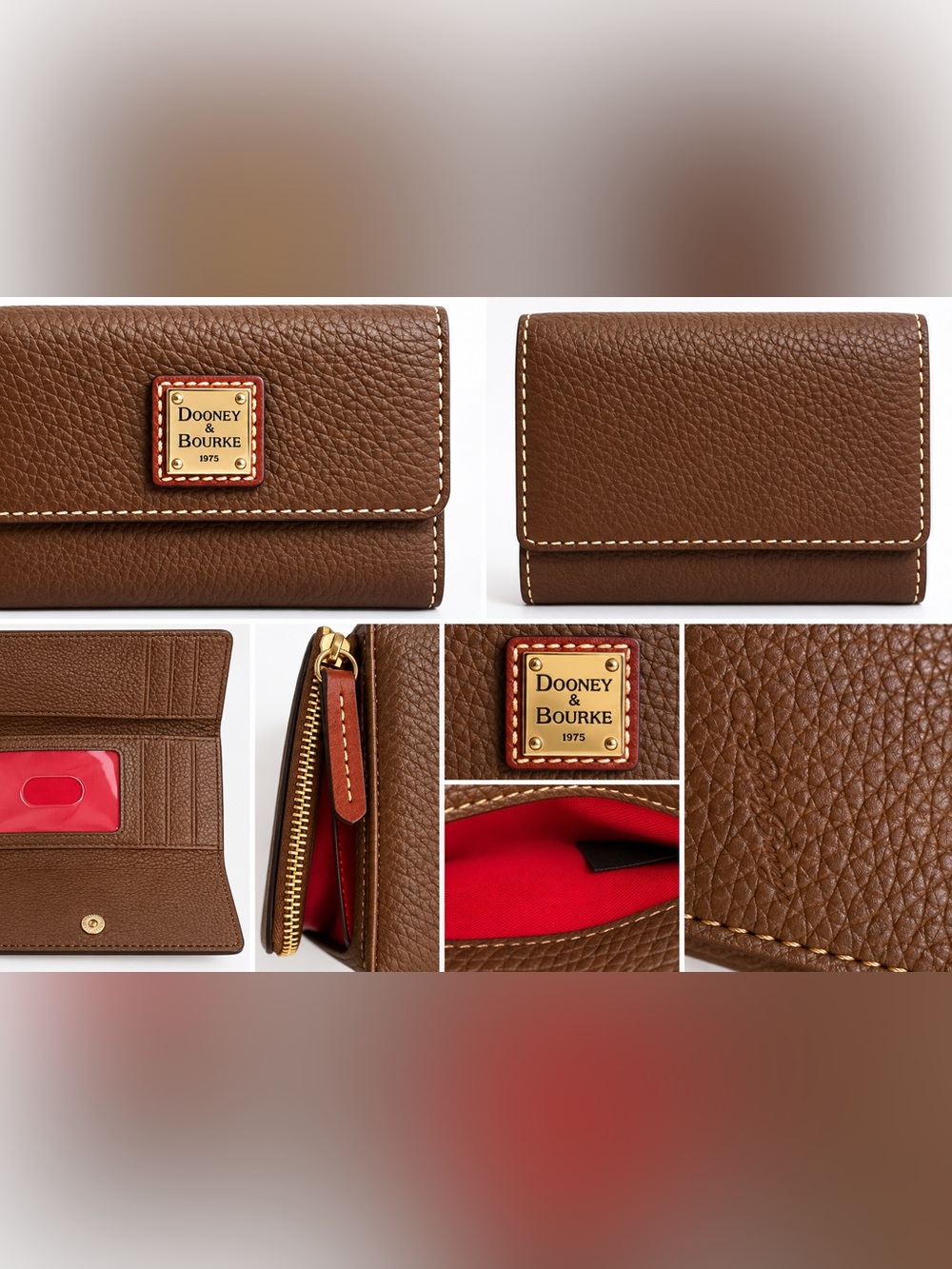 Dooney & Bourke Brown Pebbled Leather Trifold Wallet Gold Logo Red Interior